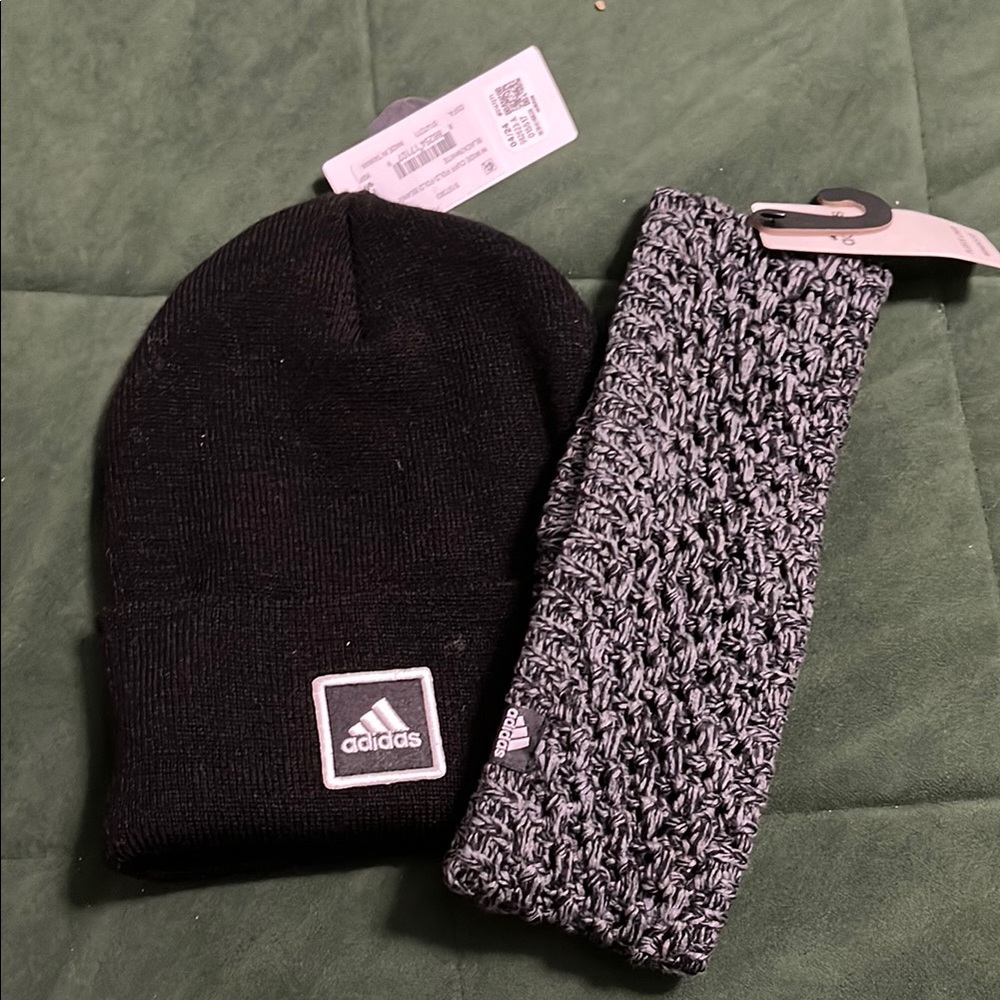 Adidas Black Knit Beanie and Gray Textured Headband